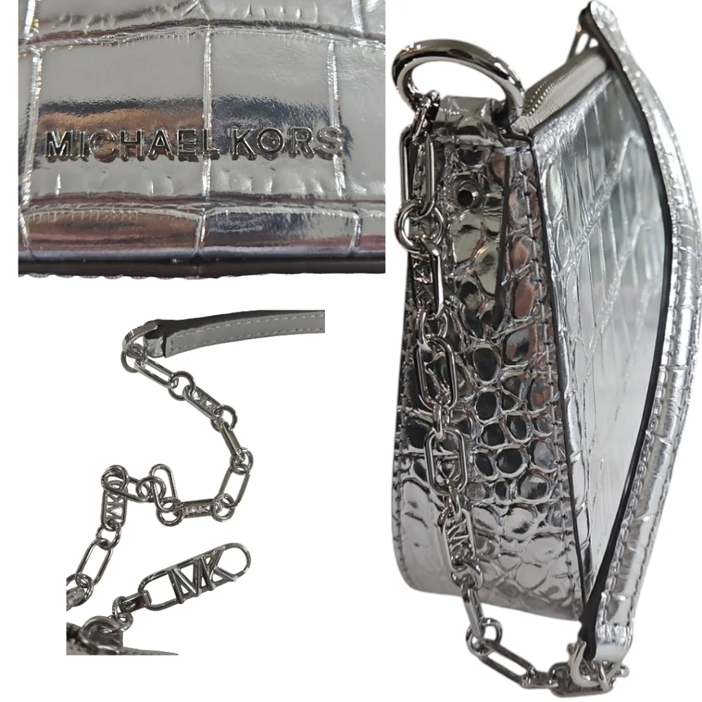 Michael Kors Cocktail Silver Metallic Leather Shoulder Pochette Bag